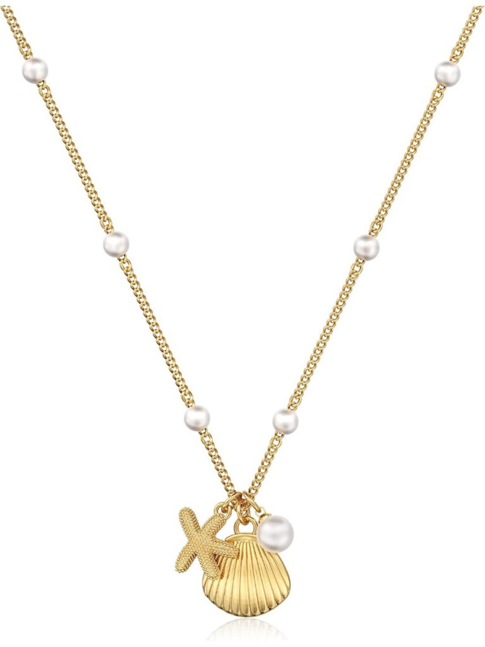 Women's Shell Starfish Pearl Chain Pendant Layered Cuban Link Necklace